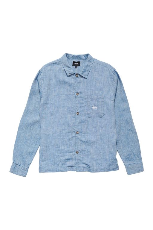 Stussy Mens Long Linen LS Shirts Blue - MHGSE6751